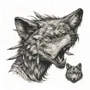 Shaded in Angry wolf with a little girl on top of its head, arrows in her back, sad/ worried/ strength facial expression tattoo design idea