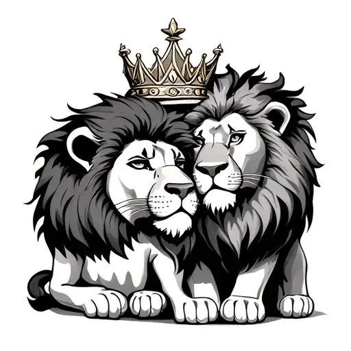 female lion snuggled with a junior male lion wearing a crown tattoo design idea