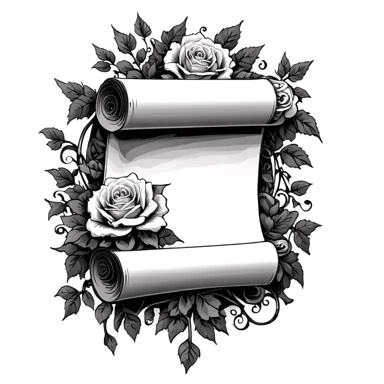 a scroll surrounded by roses and vines going tattoo design idea