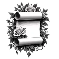 a scroll surrounded by roses and vines going tattoo design idea