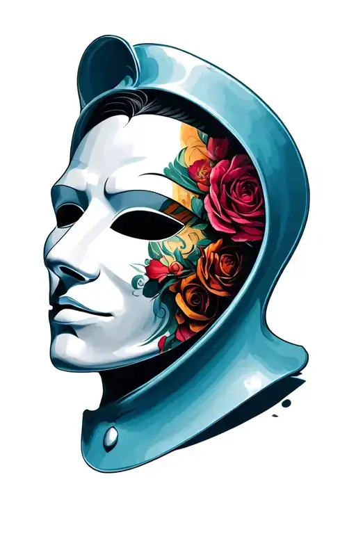 white mask inside a open mask with comedy and tragedy  tattoo design idea