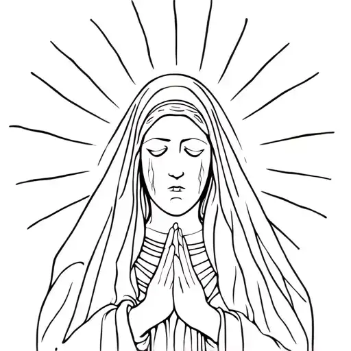 Virgin Mary in veil praying and crying with sun rays around head  tattoo design idea