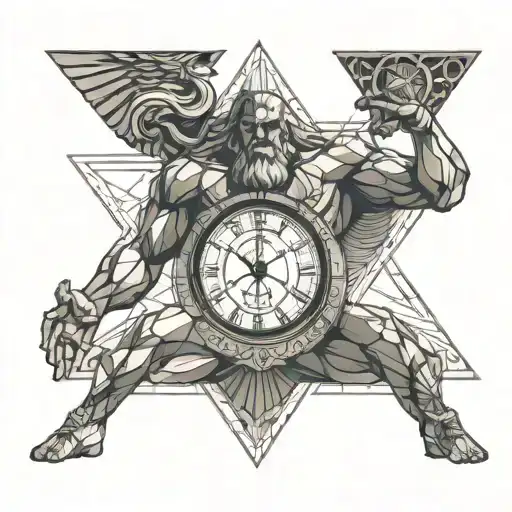Greek God Atlas holding up clock with eye in the middle tattoo design idea