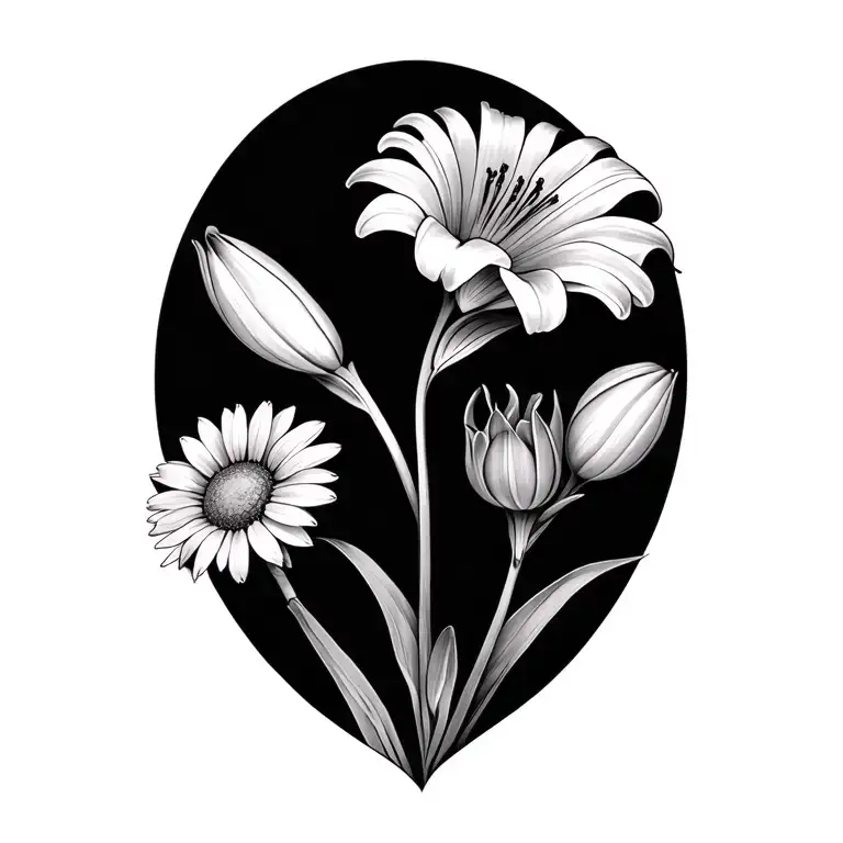 lily flower, tulip flower, lavender flower, daisy flower and chrysanthemum flower tattoo design idea