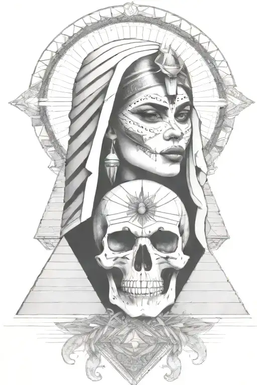  egyption style girl, skull background, pyramid, all seeing eye tattoo design idea