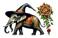 Elephant with a wizard hat on the head tattoo design idea