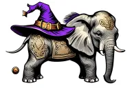 Elephant with a wizard hat on the head tattoo design idea