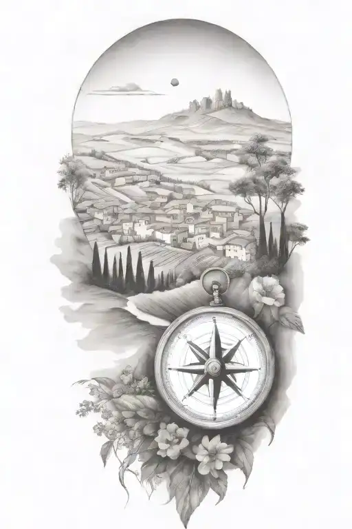 edges that fade and blend softly, italian tuscany landscape with trees, flowers and a compass  tattoo design idea