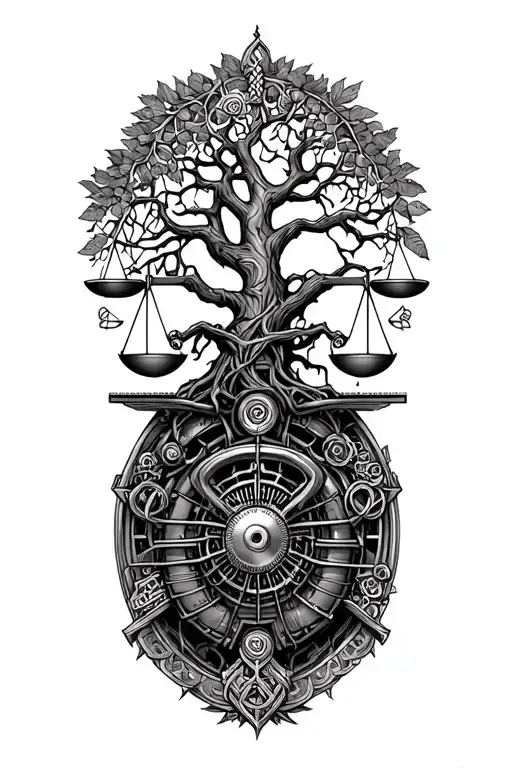 gothic celtic steampunk tree of life, libra scale, harley davidson engine tattoo design idea