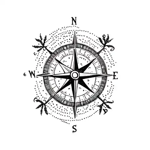 A dotwork tattoo of a compass intertwined with a collar, representing the client's love for exploration and their loyal canine companion tattoo design idea