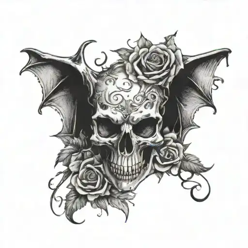 Gothic Bat skull surrounded by roses wrapped tattoo design idea