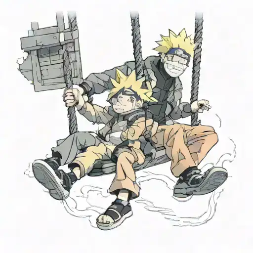 little naruto on a swing with adult naruto in hokage outfit talking tattoo design idea
