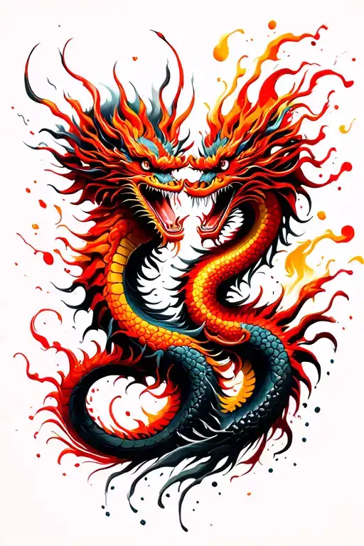 chinese dragons mergining into each other with each one representing the 4 elements of life, fire, water, earth, wind tattoo design idea