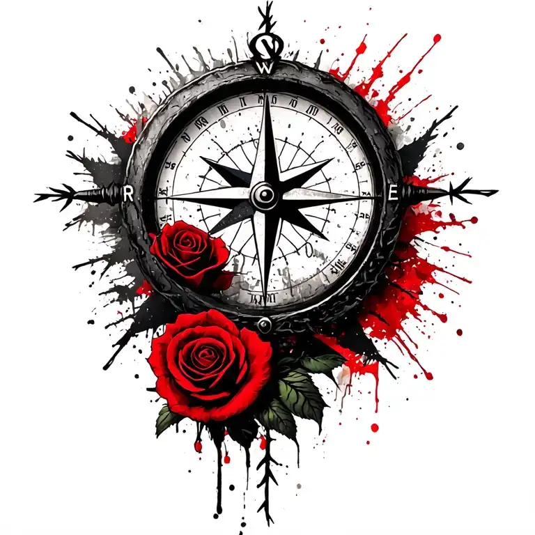 old world compass with barbwire and roses tattoo design idea