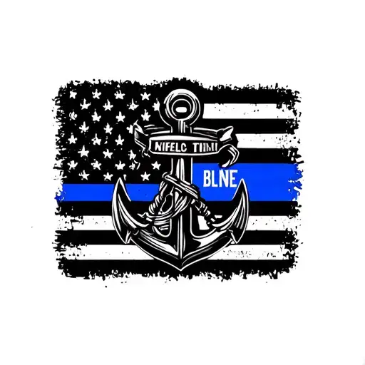 navy anchor in the outline of a firefighter emblem with the thin blue line flag behind it  tattoo design idea