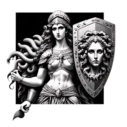 Create a tattoo of Athena in greek armor holding her shield which has Medusa's head wreathed by snakes tattoo design idea