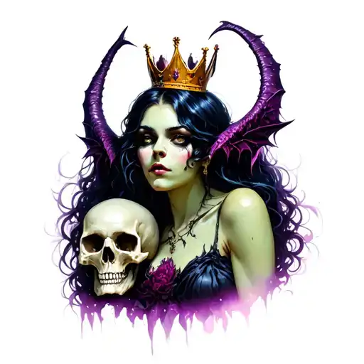 wicked succubus holding a skull wearing a crown tattoo design idea
