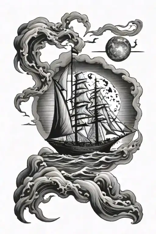 boat, ocean, moon, liberia tattoo design idea