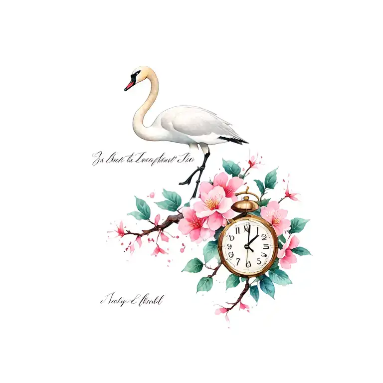 Black swan, flowering cherry, broken clock and inscription tattoo design idea