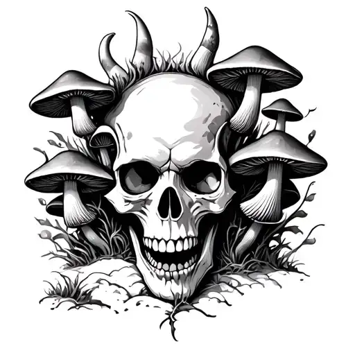 simple outline of mushrooms growing out of a demon skull faceing forward tattoo design idea
