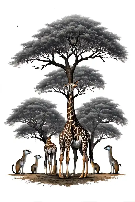 acacia tree with two giraffes. One on each side. Four meerkats.  tattoo design idea
