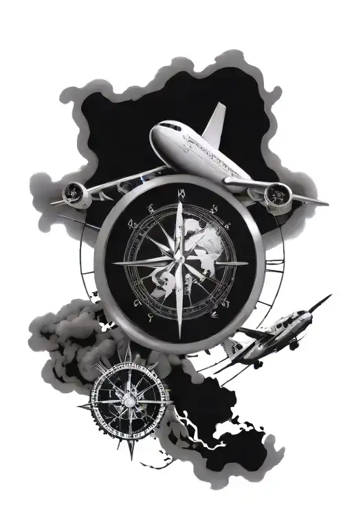 compass and airplane and earth tattoo design idea