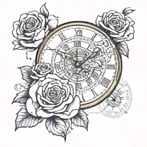 An open golden pocket watch surrounded by roses, with the text "times like these" tattoo design idea
