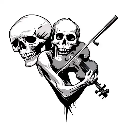 extreme focus on the facial expression of a weary/fed-up man, a skeleton playing a violin behind him,  tattoo design idea