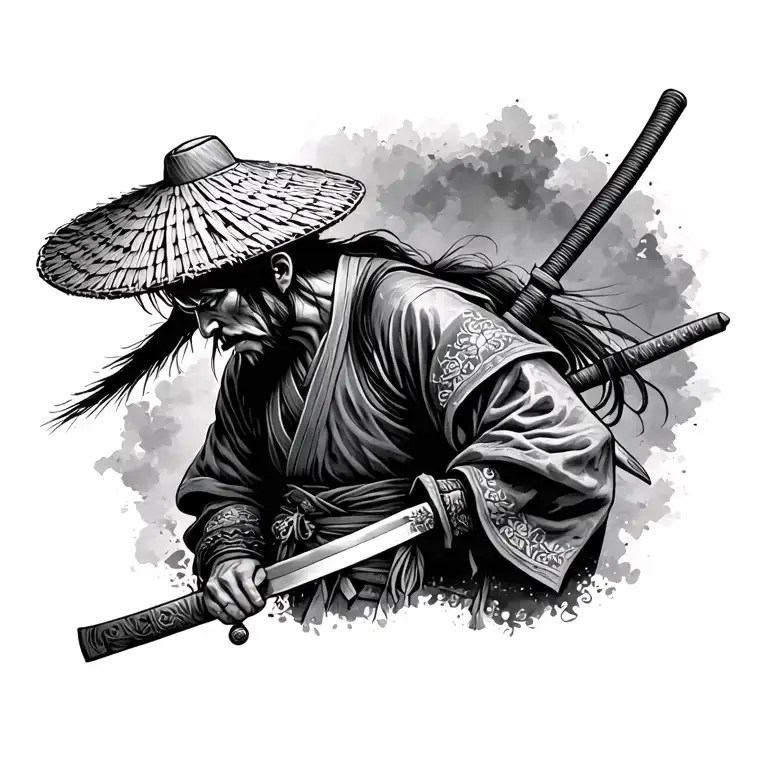 samurai with straw hat, head down with a katana on his shoulder tattoo design idea