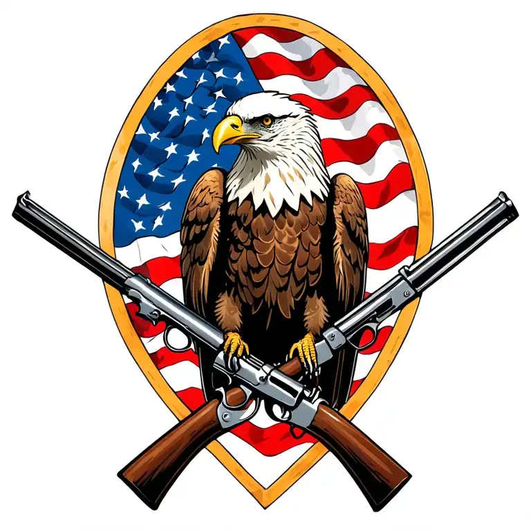 Bald Eagle perched on 2 old muskets crossed like an X with an American flag waving in the background. tattoo design idea
