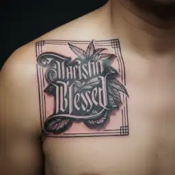 blessed text back tattoo design idea