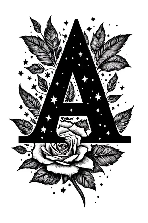 fine line feather 4 medium stars 9 tiny stars letter A rose entwined  tattoo design idea