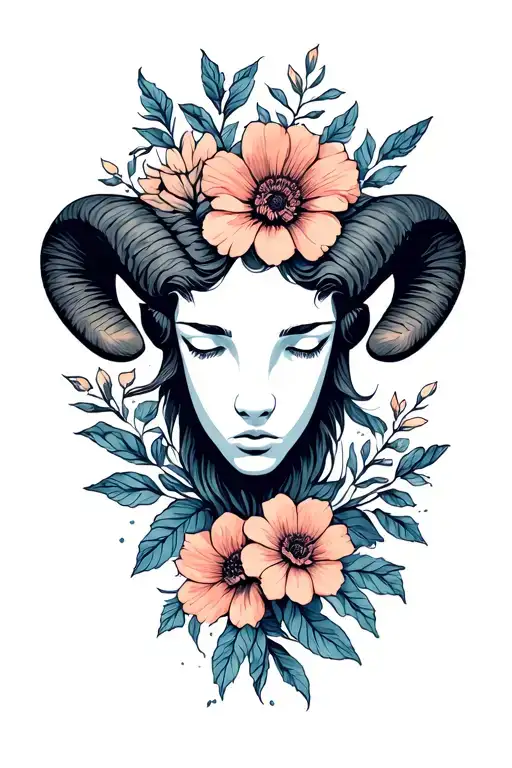 aries zodiac head emerging stronger between flowers tattoo design idea