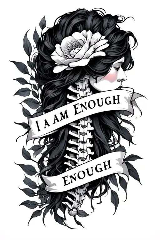 Fineline, along the spine, I am Enough, thin line tattoo design idea