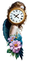 clock face with time 12:30, beautiful women as an angel, delpinium flower, cysanthemim flower, baby loss,  tattoo design idea