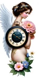 clock face with time 12:30, beautiful women as an angel, delpinium flower, cysanthemim flower, baby loss,  tattoo design idea