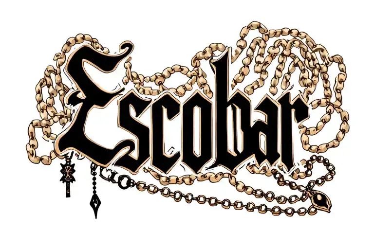 the word Escobar, design surrounding, in a cursive font, with a small rosary on a chain around the beginning tattoo design idea