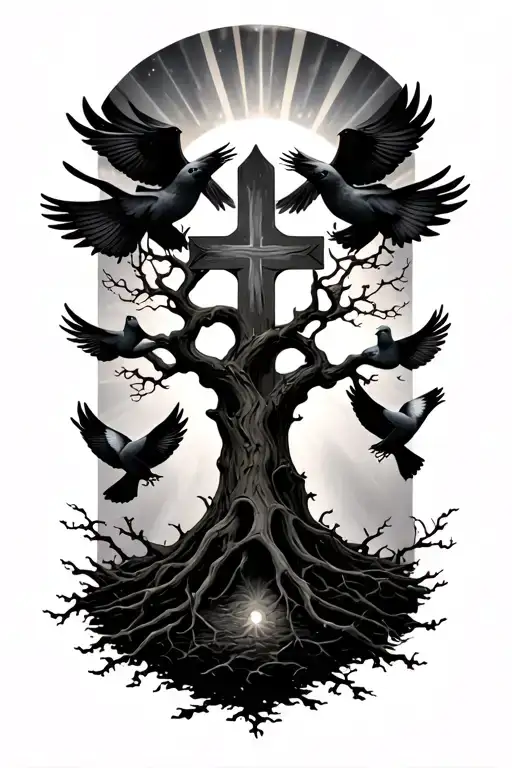 black poison tree with a cross doves and sun rays shining tattoo design idea