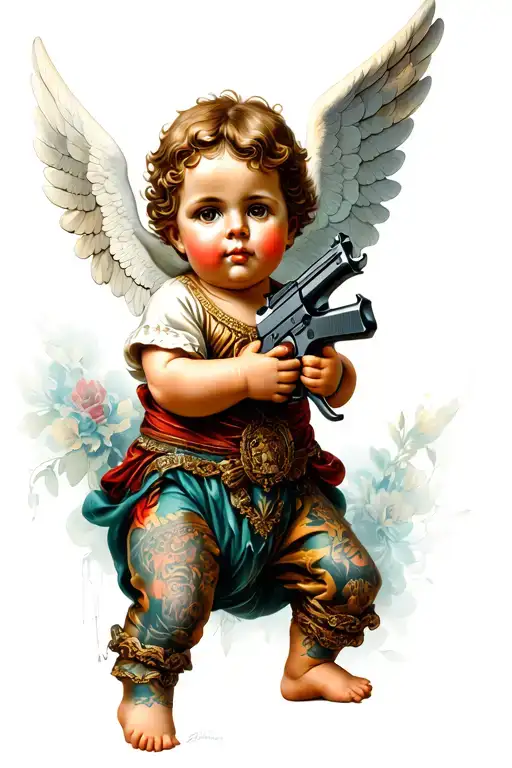 a small cherub angel have gun , sigar , tatoo ,gang gang , cool tattoo design idea