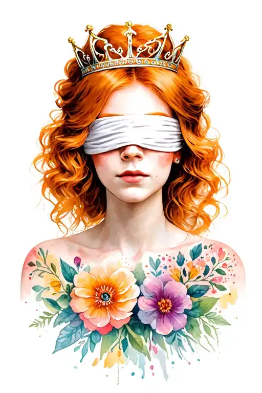 A blind queen with ginger hair wearing a blindfold covering her eyes and a crown on her head girly style with flower's  tattoo design idea