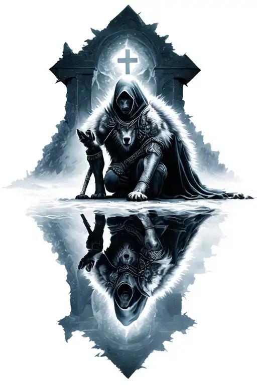 reflection of a dire wolf below a kneeling hooded human warrior with a cross in the background tattoo design idea