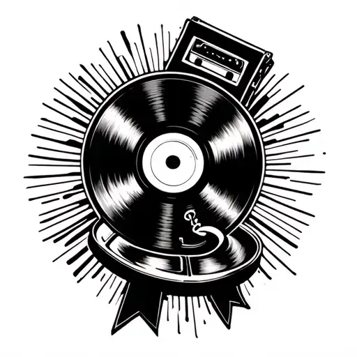 Vinyl record spinning, eight track tape, cassette tape ribbon,cd case, mp3 symbol and streaming music tattoo design idea