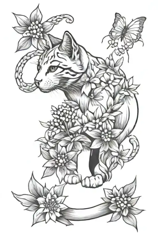 lupine flower and white cat tattoo design idea