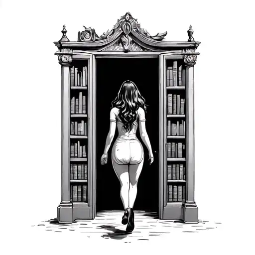 woman walking through a door opening into a fantasy world add bookshelves around the door tattoo design idea