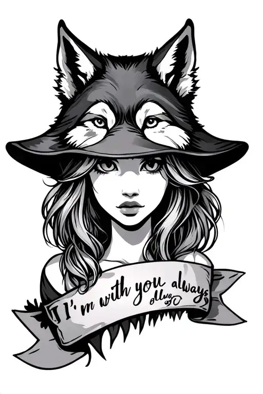 girl with wolf hat and banner under that says I'm with you always tattoo design idea