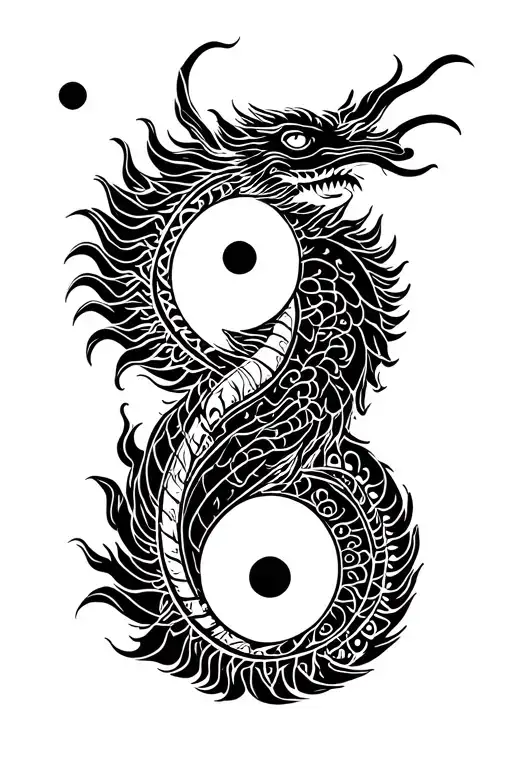 yin yang, China dragon in Maori style tattoo design idea