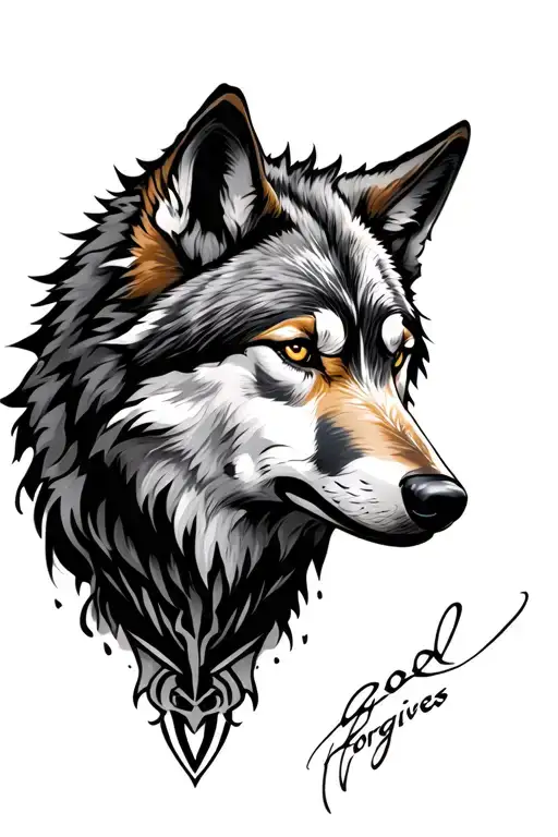 wolf with marked God forgives tattoo design idea