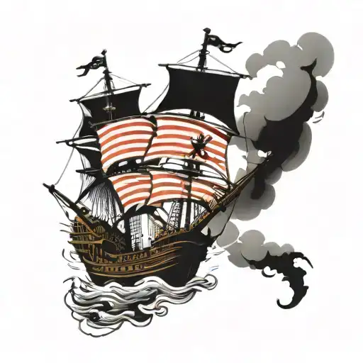 Pirate ship at sea with cannons firing tattoo design idea