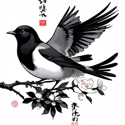 Japanese characters for oubaitori, delicate cherry apricot peach plum blossom,, one bird perched one bird flying tattoo design idea