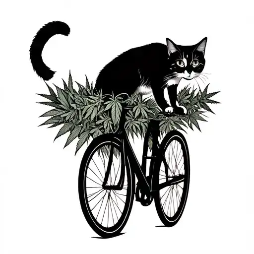 A tattoo design of a cat riding a bicycle through a field of marijuana plants, combining your love for cats, biking, and marijuana tattoo design idea